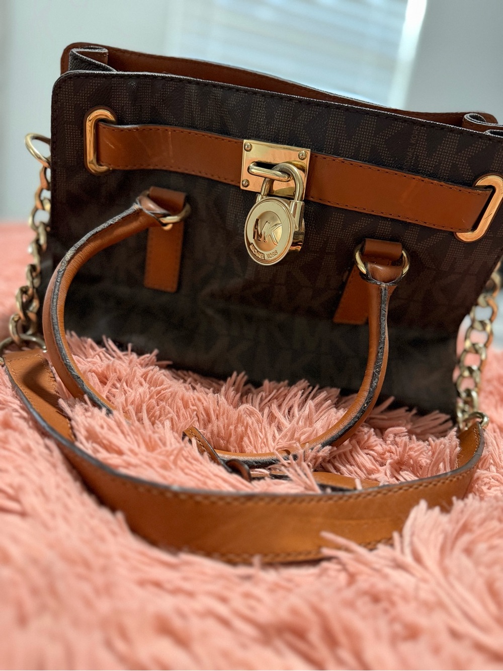 Michael Kors Dark Brown and Tan Logo Satchel with Gold Lock